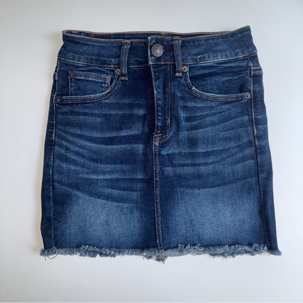 American Eagle Next Level Stretch Denim Mini Skirt Raw Hem Size 0